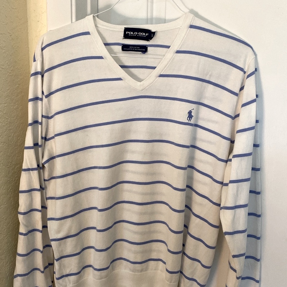 Polo Golf Ralph Lauren Blue Stripe Cotton Sweater Mens Sz Lg Long Sleeve